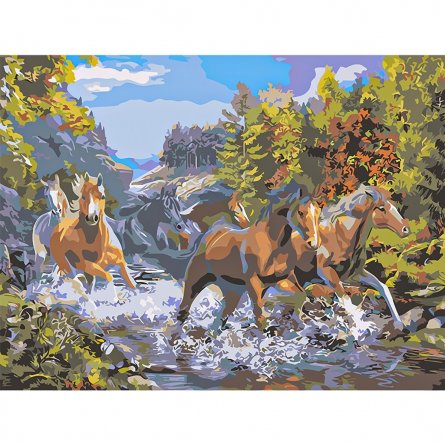 Картина по номерам Рыжий кот, 40х50 см, с акриловыми красками, холст, "Табун лошадей в горах" фото 1