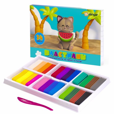 Пластилин Alingar, 24 цвета, "Котик", 480 гр, особо мягкий, со стеком, картонная упаковка фото 1