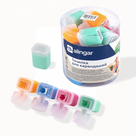 Точилка пластиковая Alingar, 1 отверстие, фигурная,  с контейнером, цвет ассорти, пластиковая банка фото 1