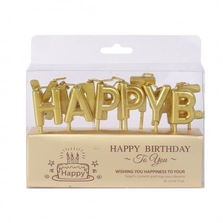 Набор свечей для торта Alingar, 2,5 см, на пиках, "Happy birthday", цвет золото, блистер с европодвесом фото 1