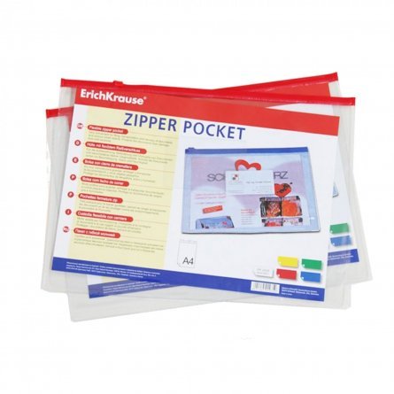 ZIP-пакет на молнии ErichKrause, A4, 240х335 мм, 140 мкм, прозрачная, "PVC Zip Pocket" фото 1