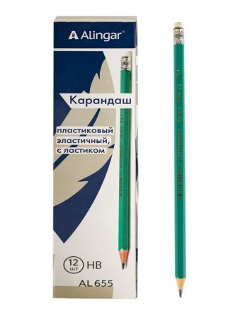 Набор ч/г карандашей, Alingar HB, пластиковый, эластичный, с ластиком, шестигранный, заточенный, цвет корпуса зеленый, в упак. 12 шт. фото 3