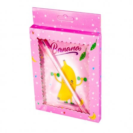 Подарочный блокнот в футляре, 12 см * 15 см, гребень, Alingar, ламинация, ручка, линия, 50 л., "Банан с гантелями", розовый фото 1