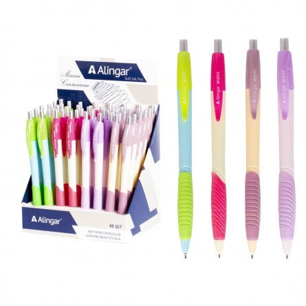 Ручка шариковая Alingar "WAVE", 0,7 мм, синяя, резиновый грип, автоматическая, круглый, цветной, пластиковый корпус, картонная упаковка фото 1