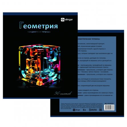 Тетрадь предметная  36л. А5 "Геометрия", клетка, со справочным материалом, скрепка, мелованный картон (стандарт), блок офсет, Alingar "Bright" фото 1