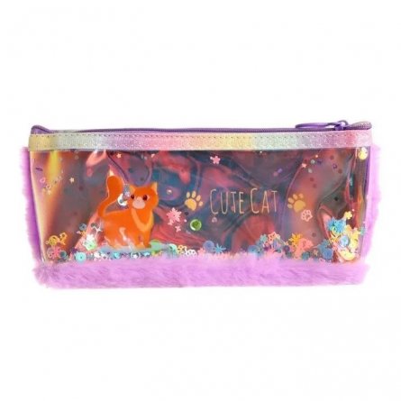 Пенал - косметичка Alingar, мех/голографика, молния, 90х200мм, "Cute cat", микс (кошечки) фото 1