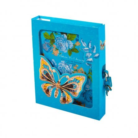 Подарочный блокнот в футляре 13,0 см * 17,0 см , 7БЦ, Alingar, ламинация, глиттер, замочек, 50 л., линия, "Бабочки на цветах", голубой фото 1