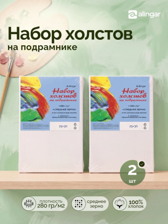 Набор холстов на подрамнике Alingar, 2 шт 25*30, 280 гр/м2 среднее зерно, хлопок, акриловая трёхкомпон. грунтовка, индивид. упаковка фото 2