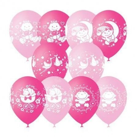 Воздушные шары М12"/30 см Пастель+Декоратор (шелк) 4 ст. рис "С днем рожд. малыш" 25 шт. розовое фото 1