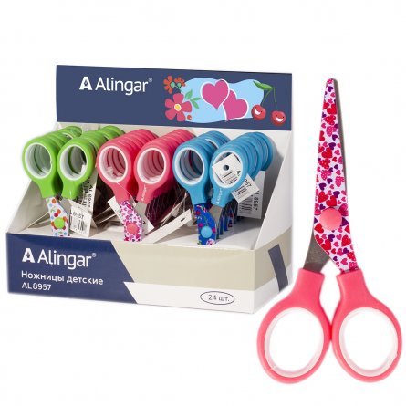 Ножницы детские Alingar, 13 см, пластиковые ручки, принт на лезвии, закругленные концы, "Весенний микс", три цвета, картонный стенд фото 1