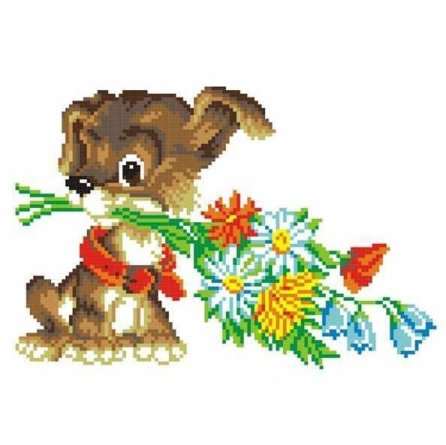 Набор для вышивания мулине, М. П Студия, 21*30/16*23 см, 12 цветов, ( в наборе схема, канва, инструкция) "Собака с букетом" фото 1