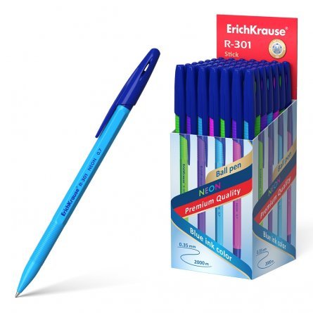 Ручка шариковая Erich Krause "R-301 Neon Stick", 0,7 мм, синяя, шестигранный, неоновый пластиковый корпус, картонная упаковка фото 1