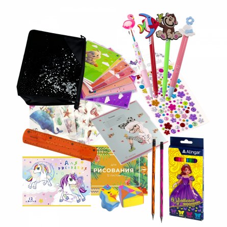 Набор канцелярии для девочки Alingar, "Black", 35 предметов, папка с пайетками на молнии, т/у пленка фото 1