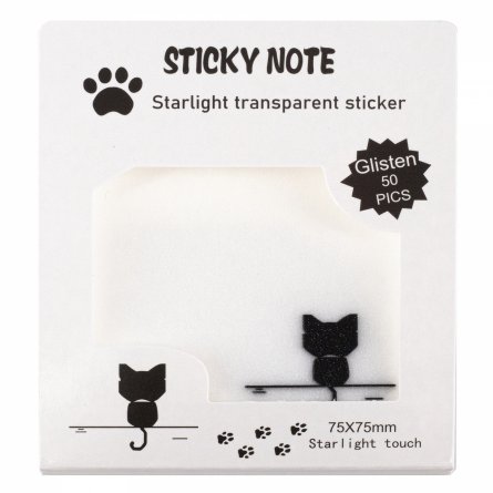 Прозрачные стикеры для заметок с клеевым краем, Alingar, 75 х 75 мм, 50 л., покрытие starlight touch, "Black KITTEN", белый, водонепрониц., европодвес фото 1