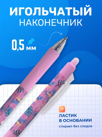 Ручка гелевая пиши-стирай, автоматическая Yalong, "Коала", 0,5 мм, синяя, пулев. након., резин. грип, кругл. цв. пластик. корпус, 12 шт/уп, пласт. уп фото 5