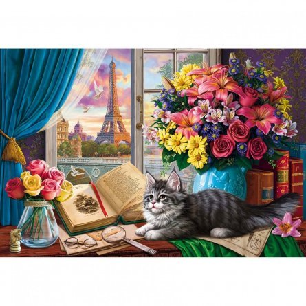 Алмазная мозаика Рыжий кот, с подрамником, с частичным заполнением, (клас.), 40х50 см, 35 цветов, "Котенок и парижский натюрморт" фото 1