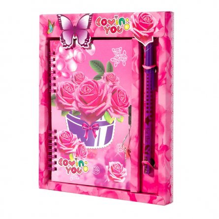 Подарочный блокнот в футляре 20 см * 23 см, гребень, Alingar, ламинация, глиттер, замочек, ручка, 42 л., линия, "Розы в корзине", розовый фото 1