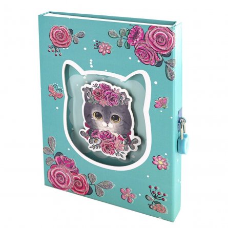 Подарочный блокнот в футляре, 15,5 см * 21 см, гребень, Alingar, мат.ламин, глиттер, замочек, линия, 60 л., "Кошечка в розах", бирюзовый фото 1