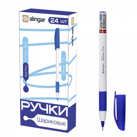 Ручка шариковая Alingar, "OfficePro", 0,7 мм, синяя, на масляной основе, игольчатый наконечник, резин. грип, трехгран. белый пластик. корпус, 24 шт/уп фото 1