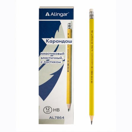Набор ч/г карандашей, Alingar HB, пластиковый, эластичный, с ластиком, шестигранный, заточенный, цвет корпуса св. желтый, в упак. 12 шт. фото 2