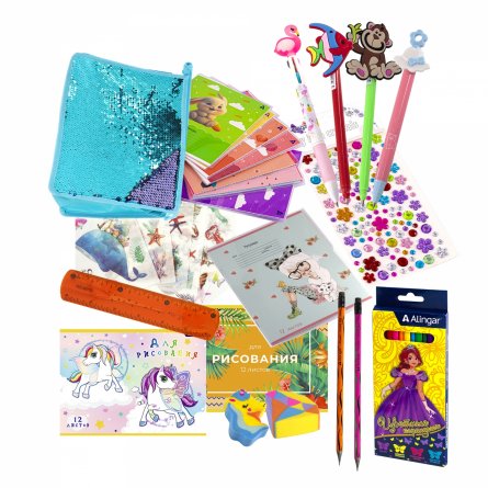 Набор канцелярии для девочки Alingar, "Blue", 35 предметов, папка с пайетками на молнии, т/у пленка фото 1