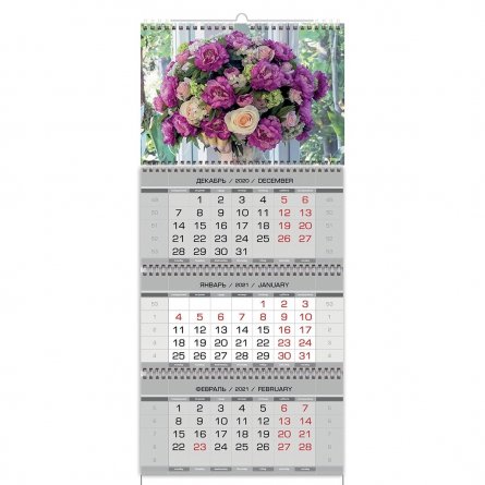 Календарь настенный квартальный трехблочный, гребень, ригель, 195 мм * 465 мм, Атберг 98 "Цветы" 2021 г. фото 1