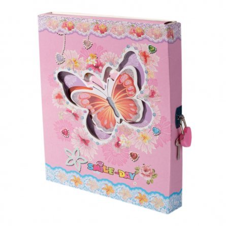 Подарочный блокнот в футляре 17,0 см * 22,0 см, гребень, Alingar, ламинация, глиттер, апплик, замочек,  50 л., линия, "Веселые бабочки", розовый фото 1