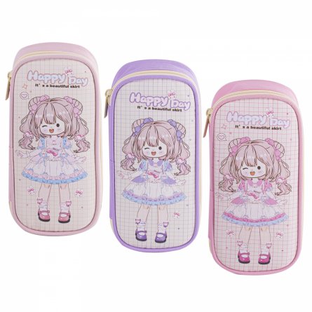 Пенал - косметичка Alingar, ПВХ/ткань, молния, 1 откидная планка, 210 х 90 х 45 мм, "Happy Day" девочка, микс (розовый, фиолет, св-роз), европодвес фото 1
