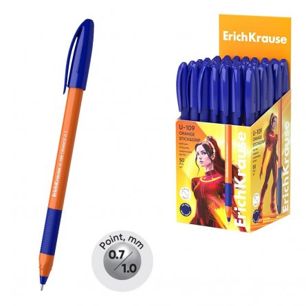 Ручка шариковая Erich Krause "U-109 Stick&Grip Orange", 0.7 мм, синяя, трёхгран., непрозрач. оранжевый пластик. корпус, резин. грип, карт. упак. фото 1