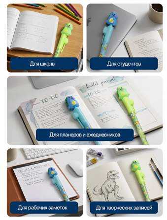 Набор шариковых ручек Alingar, "Динозаврик", 0,7 мм, синяя, вращающаяся игрушка, пулевид. наконечник, круглый цветной пластик. корпус, 3 шт/уп фото 5