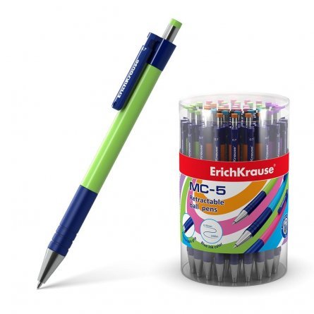 Ручка шариковая автоматическая ERICH КRAUSE "МС-5", 0,7 мм, синий, резиновый грип, круглый цветной пластиковый корпус, в дисплее фото 1