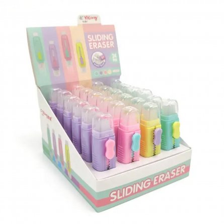 Ластик Yalong "Нежность", синтетический каучук, прямоугольный, выдвижной, пласт. корпус,щеточка, цвет ассорти, 90х15х20 мм, карт. упаковка фото 1