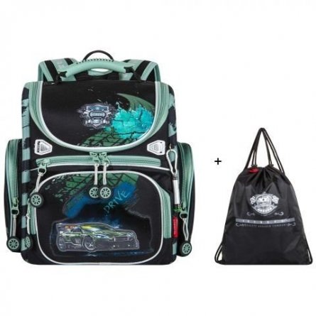 Рюкзак Across, школьный,  с мешком д/обуви, черный/серый/зеленый, 30х36х13 см фото 2