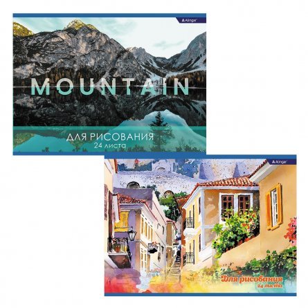 Тетрадь для рисования 20,5*27,5 см., 24л., Alingar, на скрепке, мелованный картон (стандарт), 100г/м2, "MIX. Mountains and cities" фото 1