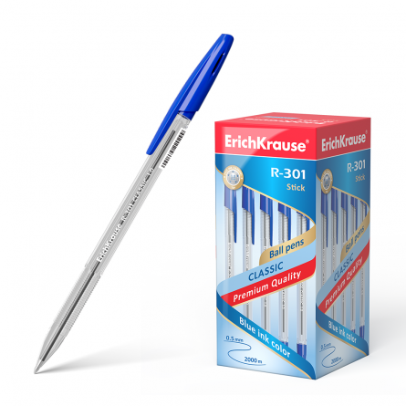 Ручка шариковая Erich Krause"R-301 Classic Stick", 1.0 мм, синяя, шестигранный, прозрачный, пластиковый корпус, картонная упаковка фото 1
