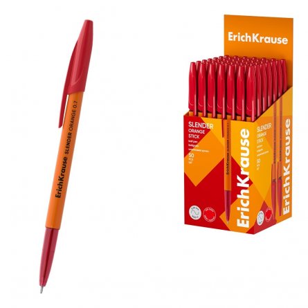Ручка шариковая Erich Krause "Slender Stick Orange", 0,7 мм, красная, игольч. након., пластик. кругл. непрозр. корпус оранж. цвета, картон. упаковка фото 1