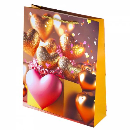 Пакет подарочный бумажный Alingar, (L+) 26х32х10 см, "Сердце в подарок", ламинация, (4 дизайна в коробе) фото 1
