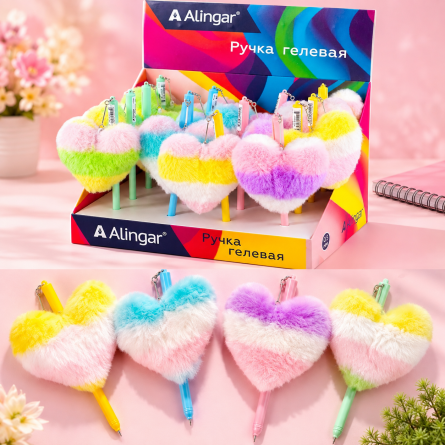 Ручка гелевая Alingar, "Сердечко", 0,5 мм, синяя, подвеска иск. мех, игольчатый наконечник, круглый цветной пластик. корпус, картон. стенд фото 2
