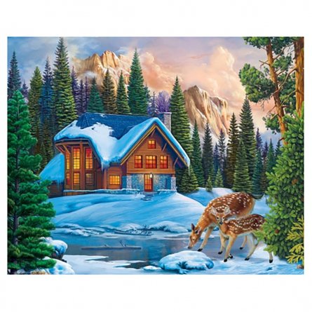 Картина по номерам Рыжий кот, 30х40 см, с акриловыми красками, холст, "Зимний домик и оленята" фото 1