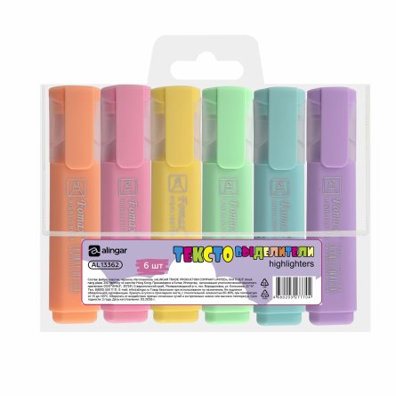 Набор текстовыделителей, 6 цветов, пастель, Alingar, "HIGHlighter", прямоугольный корпус, скошенный, пластиковый пенал, европодвес фото 1