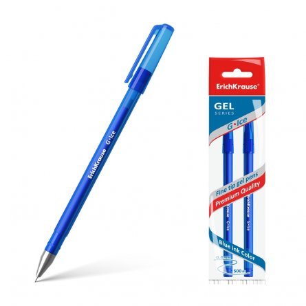 Ручка гелевая Erich Krause "G-Ice", 0,5 мм, синяя, метал наконечн., матовый полупрозрачный круглый корпус, пакет, европодвес, 2шт фото 1