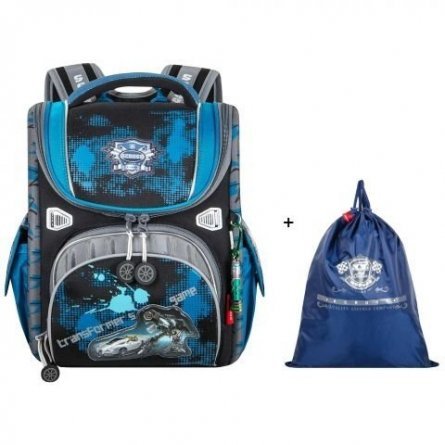 Рюкзак Across, школьный,  с мешком д/обуви, черный-синий, 29х37х14 см фото 2