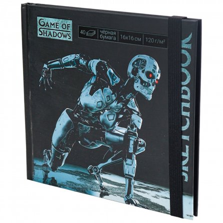 Скетчбук 160*160 мм., 40л., "Т-800", 120г/м2, Миленд, 7БЦ, матовая ламинация, выб. лак, резинка, чёрный офсет фото 1