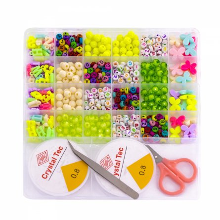 Набор для создания украшений-бусины Alingar, 200х190х18мм, "EFGH", 5 вид.бус.,подвес, 2х5.5м леска,ножницы, пинцет, пласт.пенал фото 1