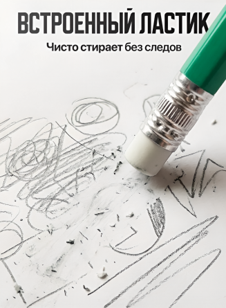 Карандаш ч/г Alingar HB, пластиковый, эластичный, с ластиком, шестигранный, заточенный, цвет корпуса зеленый, (12 шт/уп), картонная упаковка фото 5