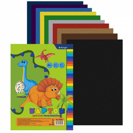 Картон цветной Alingar, А4, немелованный, 10 листов, 10 цветов, односторонний, пакет, "Динозавры" фото 2