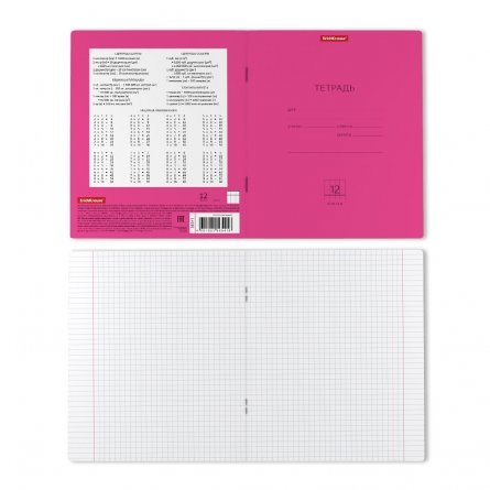 Тетрадь 12л., клетка, ErichKrause, скрепка, блок офсет, мелованный картон "Классика Neon", розовая фото 2