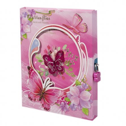 Подарочный блокнот, пакет, А5, Alingar, замочек, розовый, "Яркая бабочка" фото 1
