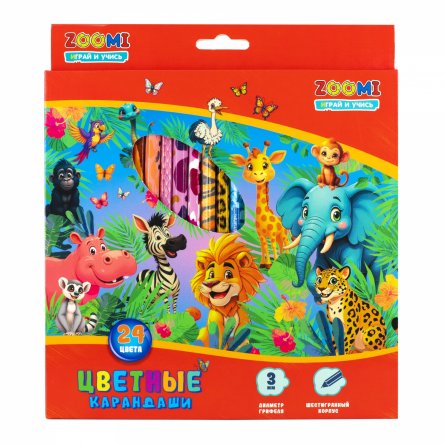 Карандаши цветные Zoomi 24 цв., "ZOO. Джунгли" деревянные, шестигранные, заточенные, дизайн на корпусе, грифель 3.0 мм, картон. уп., европодвес фото 2