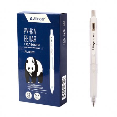 Ручка гелевая Alingar, 0,7 мм, белая, автоматическая, резиновый грип, круглый, прозрачный, пластиковый корпус, в уп. 12 шт., картонная упаковка фото 1